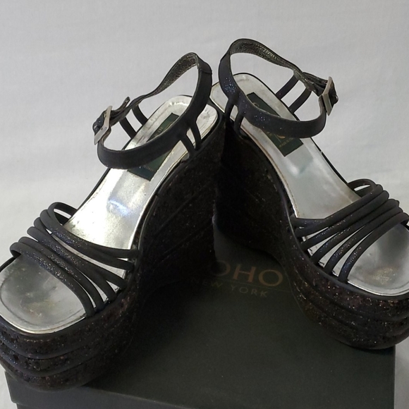 LN Vintage Black Cork w/ Glitter Piping Platforms - Picture 3 of 12